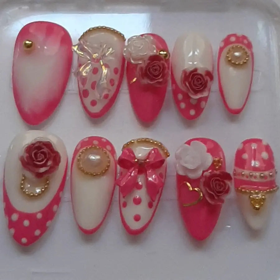 Press-on nails Pink Romance roses 3D nœuds romantique