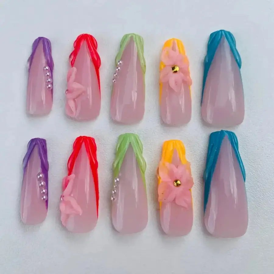 Press-on nails Emy base nude estival fleurs 3D