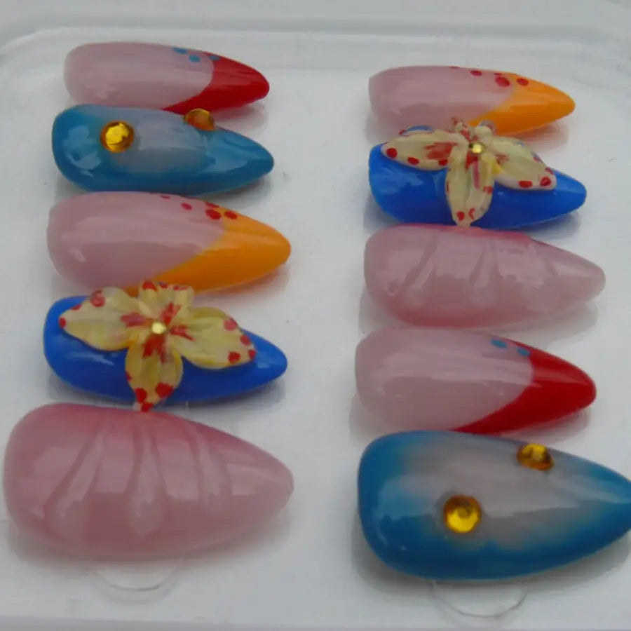 Press-on nails Mia tropicaux fleurs 3D perles