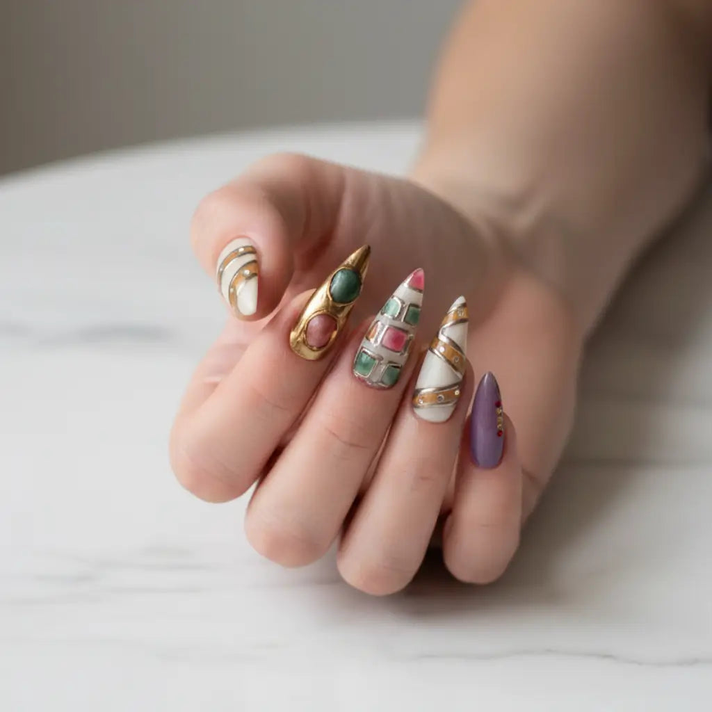 Pose des faux ongles sur main de forme stiletto, livraison en France. Design tendance 2026