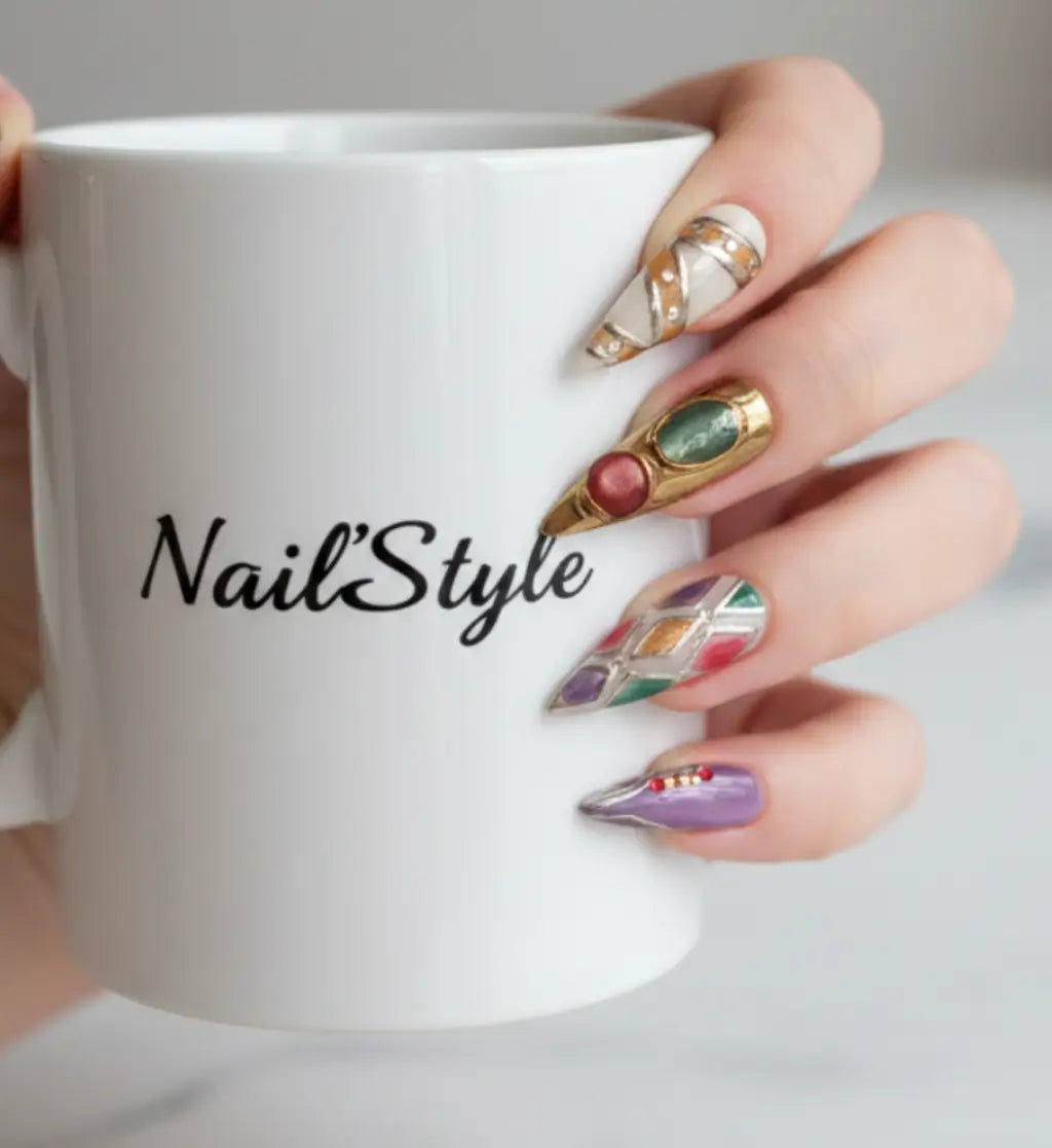 Vue détaillée sur main des Press-on nails faits main en France, aux couleurs rose, violet, vert et or cat eyes, chrome doré et argenté