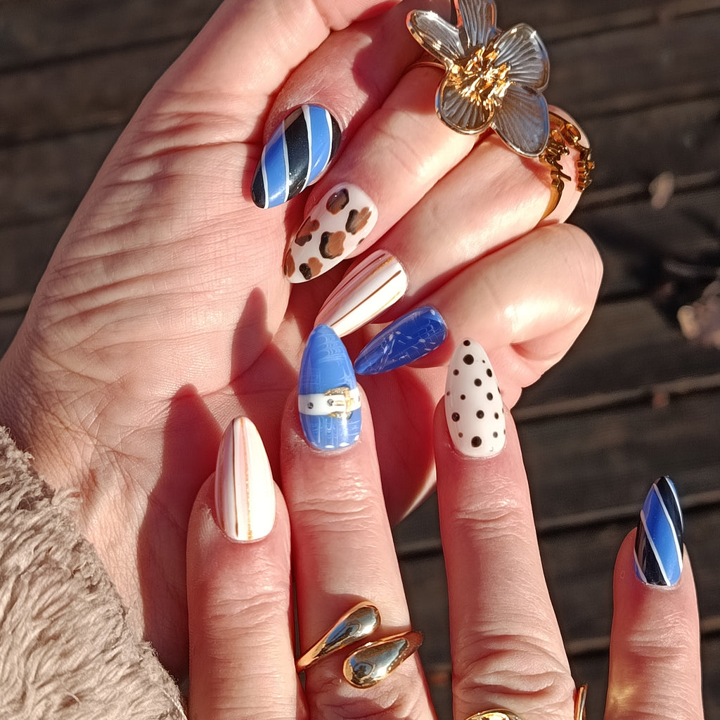 faux ongles réutilisables, application facile, bleu jeans, amande medium