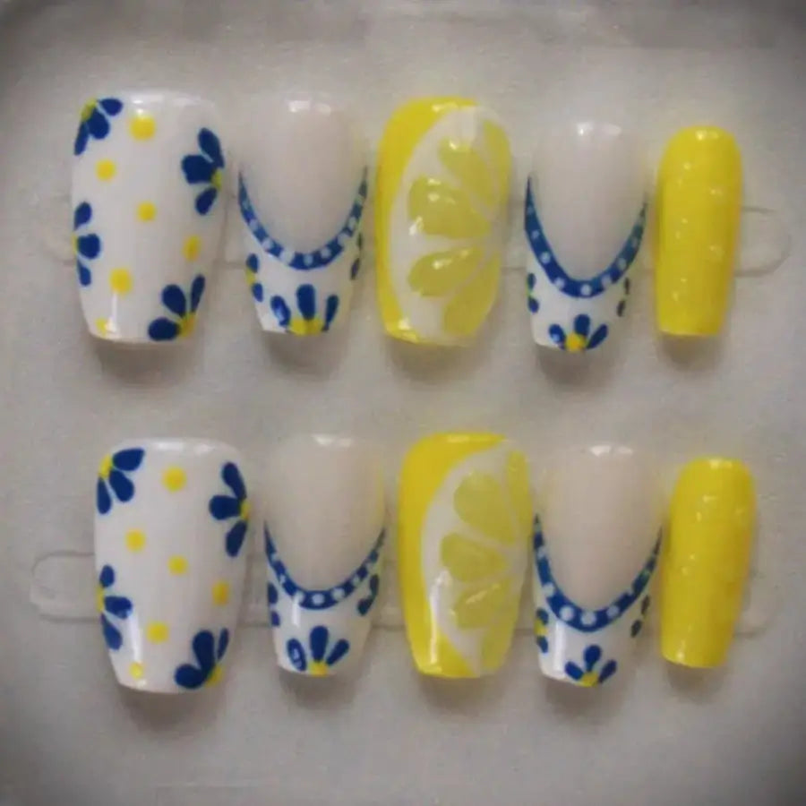 Press-on nails Complice jaune blanc bleu citronné