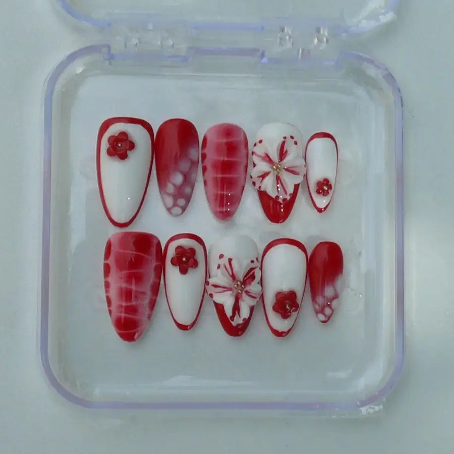 Faux ongles Sinay blanc rouge blooming fleur 3D