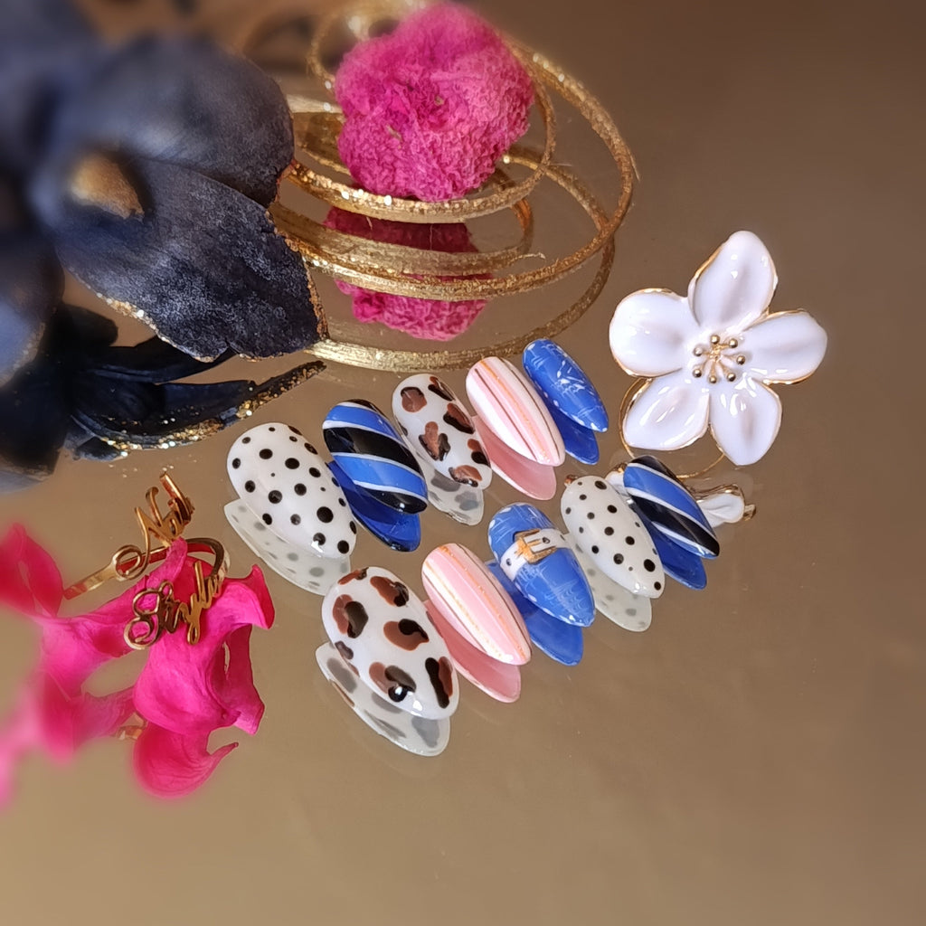 faux ongles réutilisables, noir, bleu, blanc à poix et lépoard