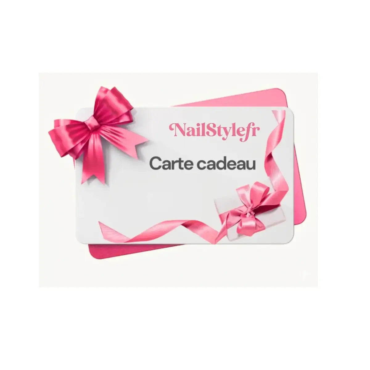 Carte cadeau NailStylefr avec nœuds et rubans roses sur fond blanc, idéale pour offrir des faux ongles press-on.