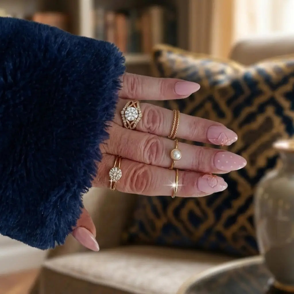 Press-on nails Douceur d'Ange sur main - ongles amande rose poudré avec nail art floral 3D et détails dorés - style élégant et féminin.