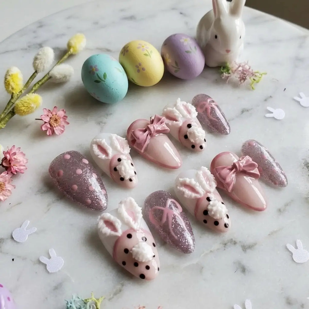 Faux ongles Easter Bunnies forme amande - Press-on nails rose et mauve avec lapin 3D, nœud et pois, faits main en France