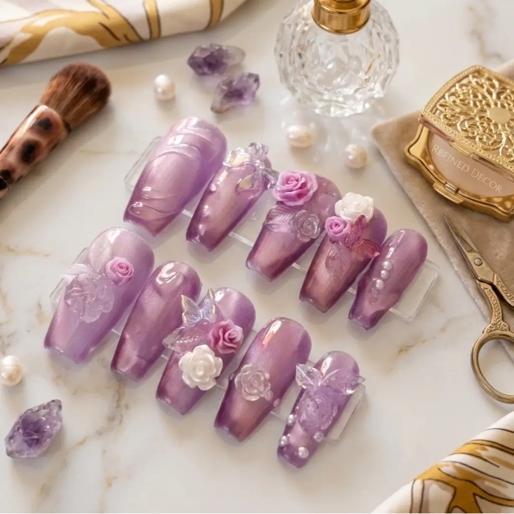 Faux ongles réutilisables prune violet à roses 3D et strass - set complet made in France - Nail'Style Fabrication artisanale française.