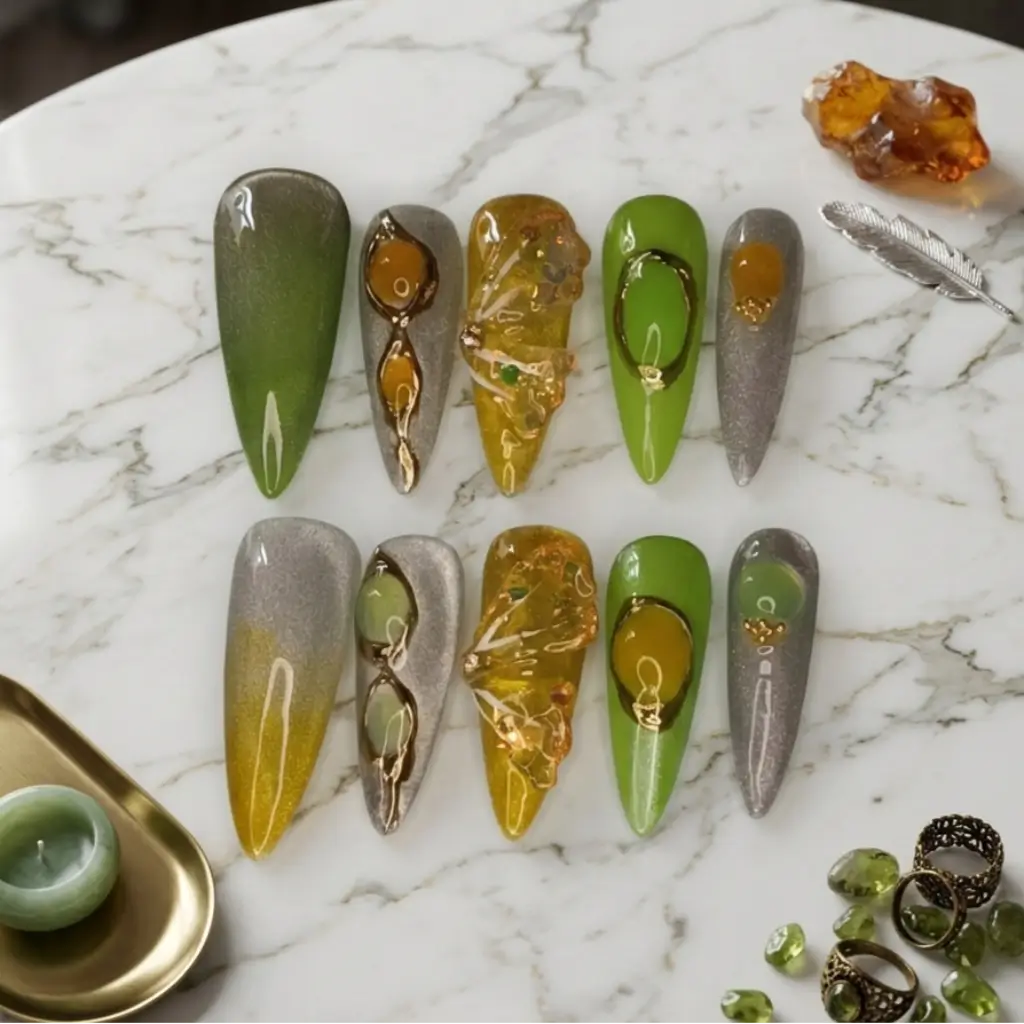 Press-ons Jade Amber vert et jaune chrome avec effets 3D ambre et bijoux dorés argentés, ambiance luxe.