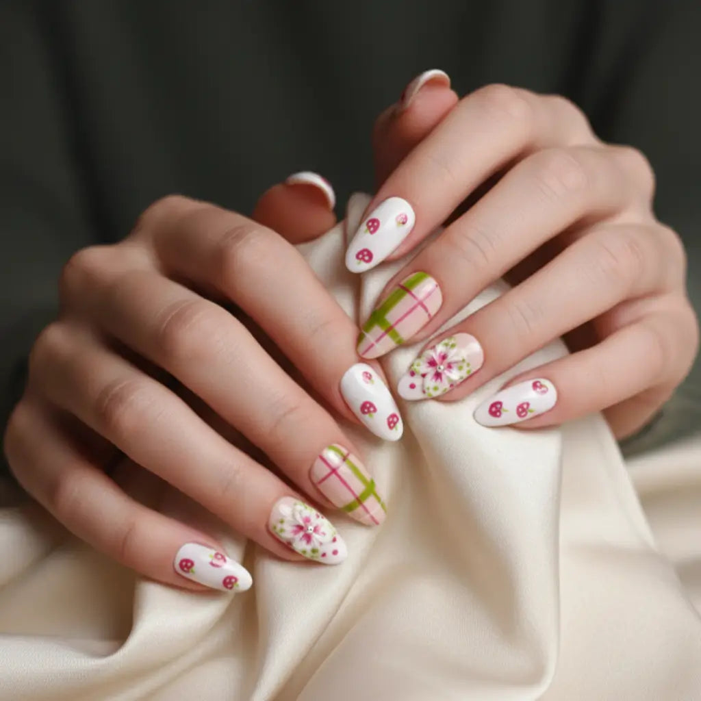 L'élégance sans compromis, aux couleurs nude rose et blanc, faux ongles aux allures écossaises.
