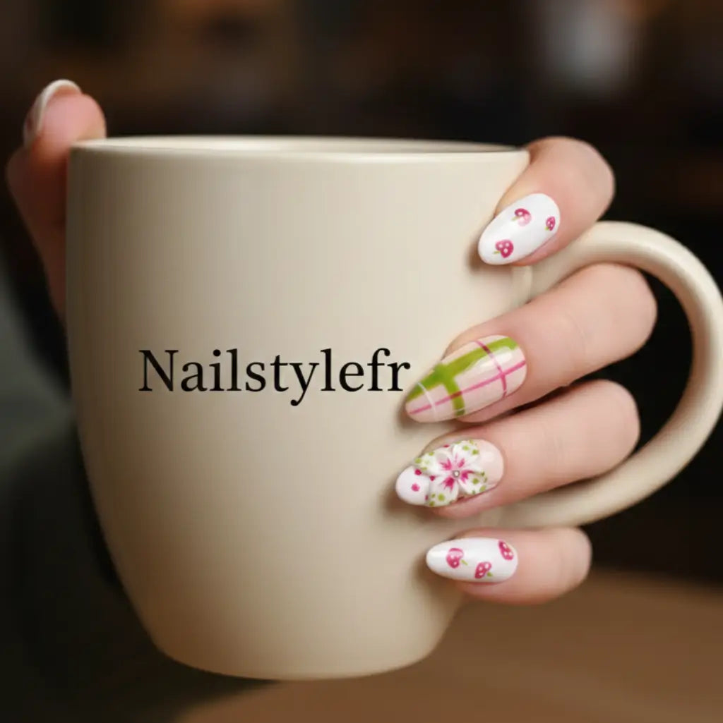 Press on nails Jardin de Fraises sont les alliés parfaits de vos tenues printanières. Blanc, rose et vert, design fraises et motif écossais et fleurs 3D.
