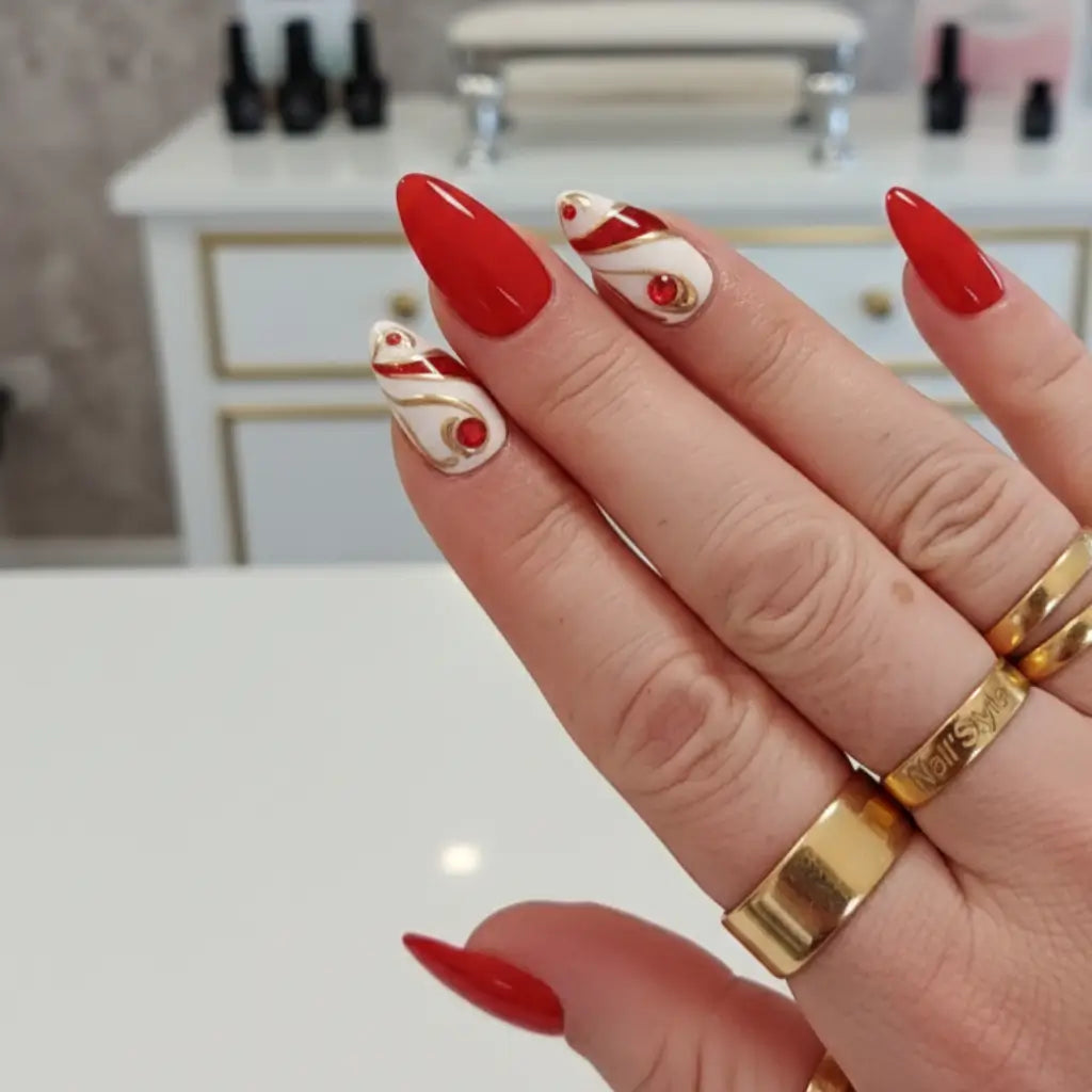 Faux ongles Mélodia artisanaux - design rouge et nude avec strass dorés, fabrication française
