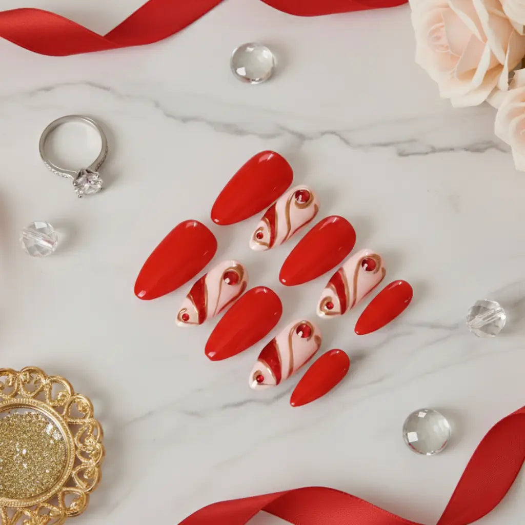 Press-on nails Mélodia forme amande - alternance rouge uni et motifs ondulés avec strass rouges
