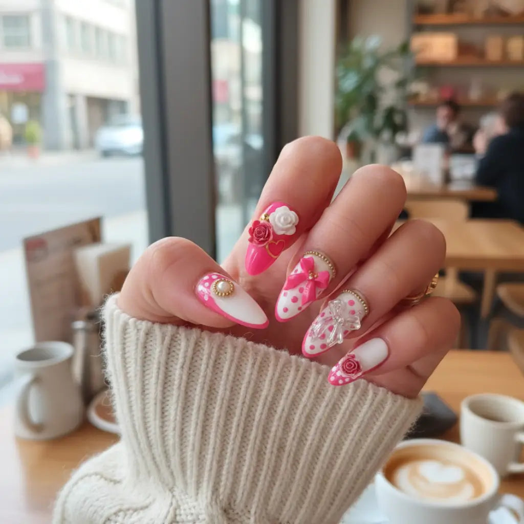 Press-on nails Pink Romance portés au café : manucure romantique rose et blanc avec roses 3D, nœuds et perles dorées, forme amande.