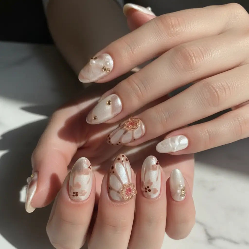 faux ongles nacré aux couleurs blanc et marron revêtue d'une fleur, posés sur main. faits main en France