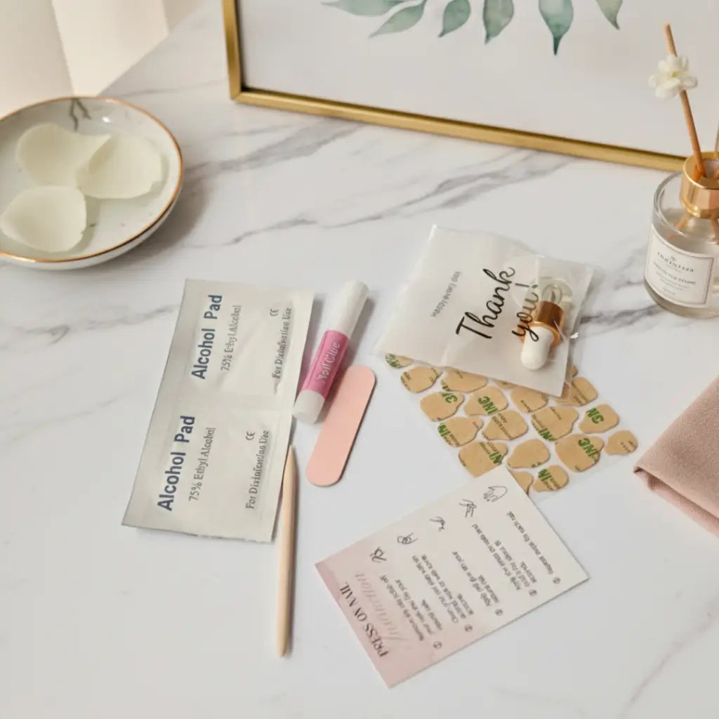 Contenu du kit manucure Nail'Style : pads adhésifs, lime, colle, lingettes et accessoires de pose pour faux ongles.