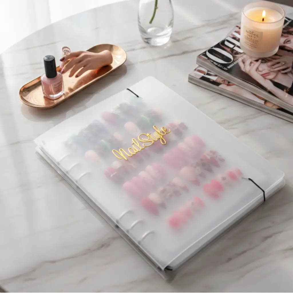 Livre de rangement Nail'Style pour press-on nails avec logo doré, organisateur faux ongles réutilisables.