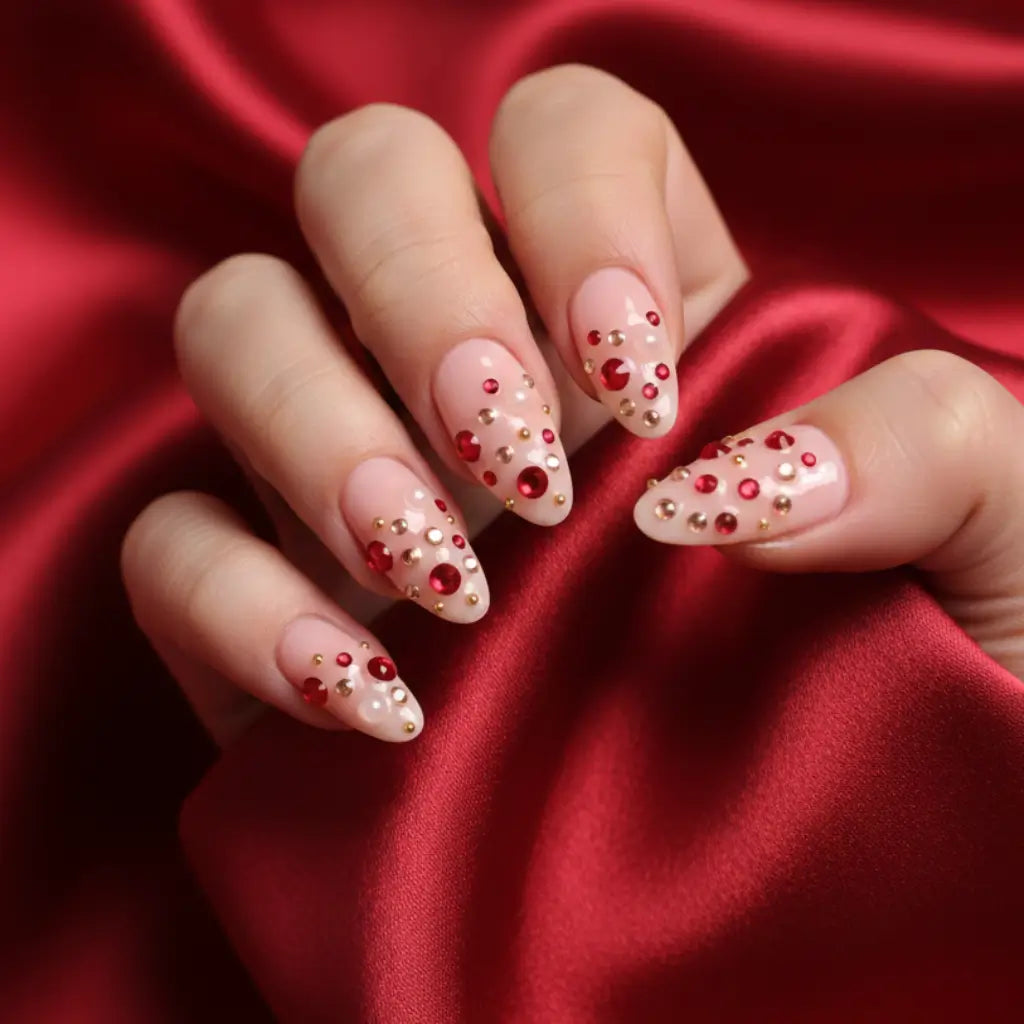 Faux ongles réutilisables rose nude à strass rouges et dorés portés - ambiance luxe - Nail'Style