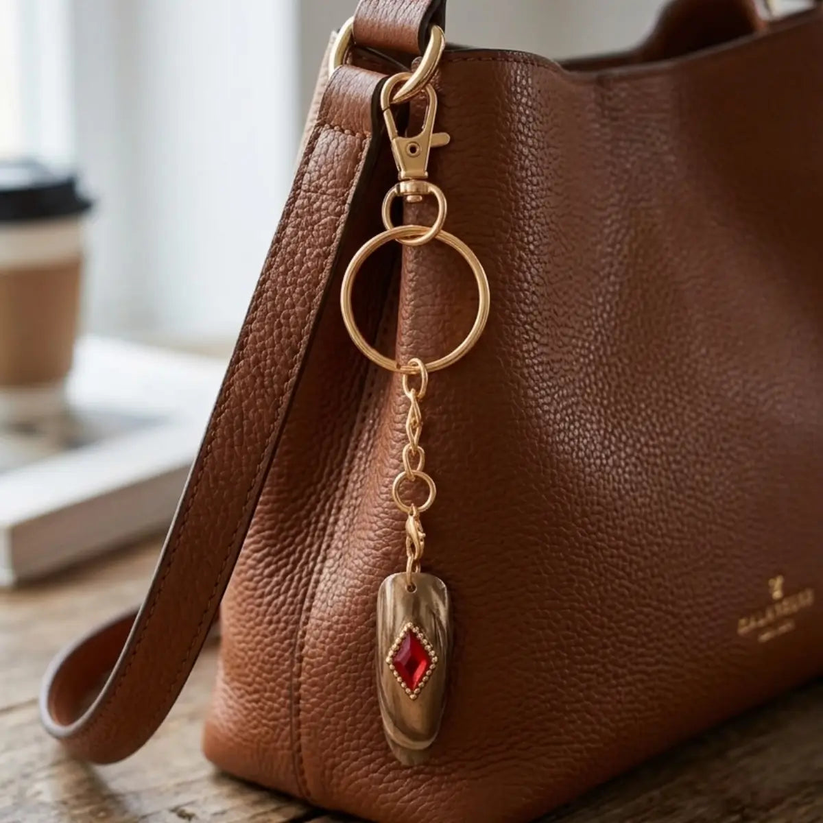 Porte-clefs nail art ongle chrome doré avec gemme rouge rubis sur sac en cuir marron — bijou de sac luxe NailStyle