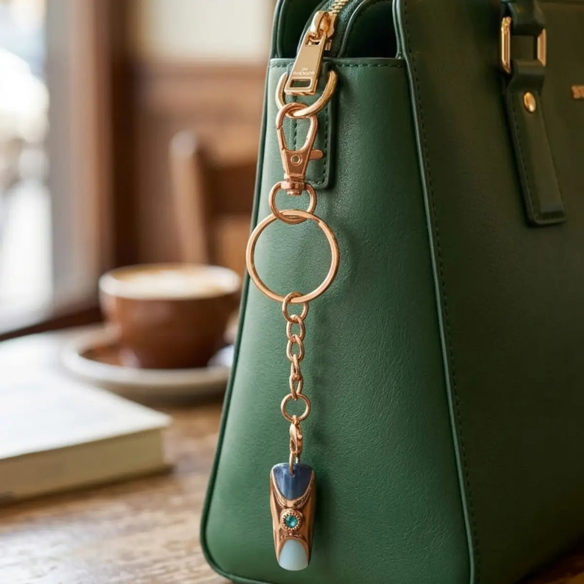 Porte-clefs nail art ongle chrome bleu gris avec pierre verte sur sac à main vert forêt — bijou de sac élégant NailStyle
