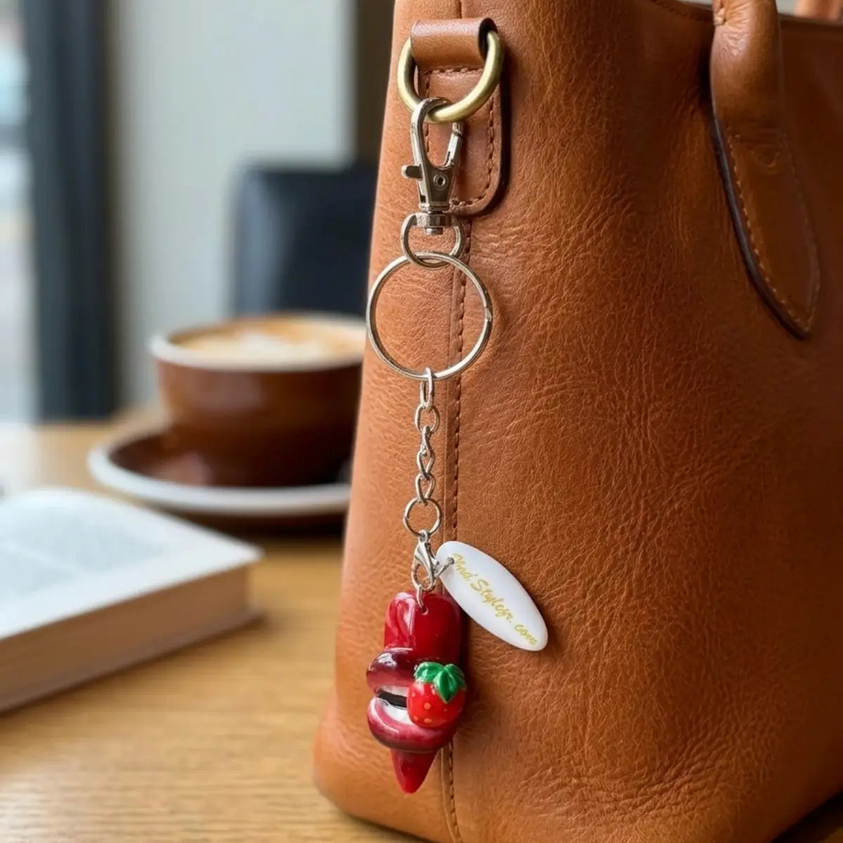Porte-clés pendentif lèvres rouges avec fraise en résine accroché à un sac en cuir camel, accessoire de mode artisanal