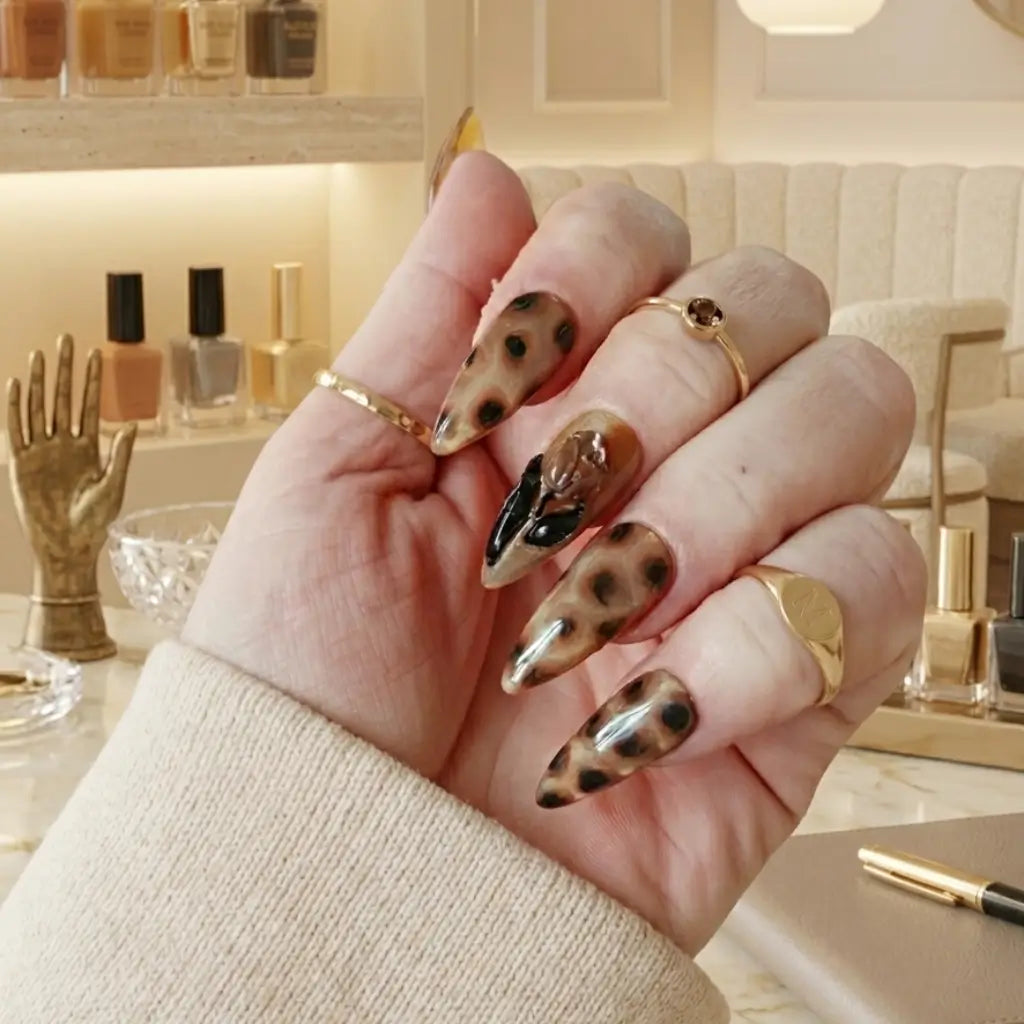 Faux ongles Animals Garden imprimé léopard avec fleur 3D blanche et chrome miroir, forme stiletto extra longue.