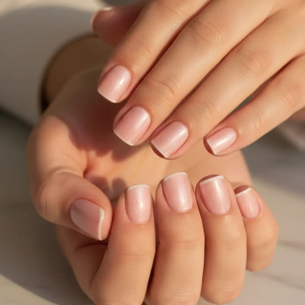 Faux ongles Rose Nacre portés au quotidien : nude rose pâle nacré, forme coffin courte naturelle et chic.