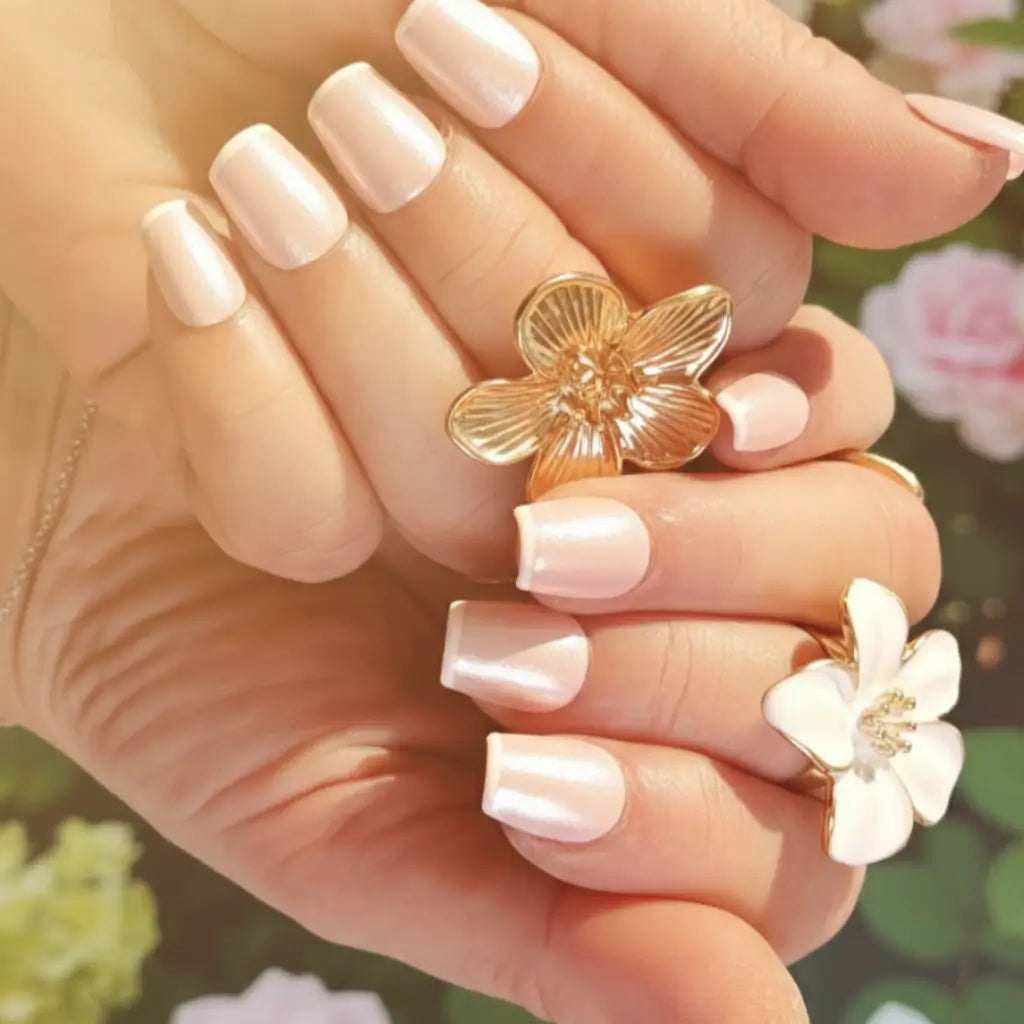Press-on nails Rose Nacre nude avec french blanche : finition nacrée irisée, forme coffin courte élégante.