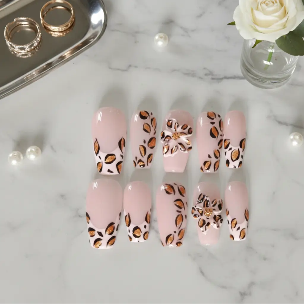 Press-on nails Safari Petals design léopard doré et noir, french manucure nude, coffin moyen - faux ongles premium Nail'Style.