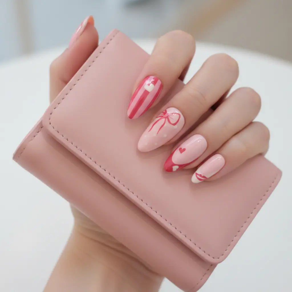 vue détaillée des faux ongles sur main de différents rose, très luxueux pour la saint valentin, cœurs, french, lèvres, petit nœud et rayures. Livraison en France. Fabrication artisanale française