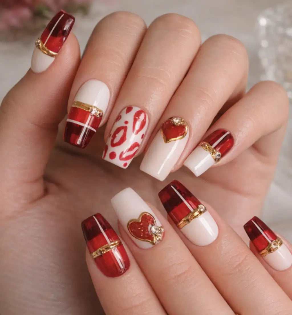 Press on nails faits main en France de style british, rouges à rayures, cœur 3D et lèvres.