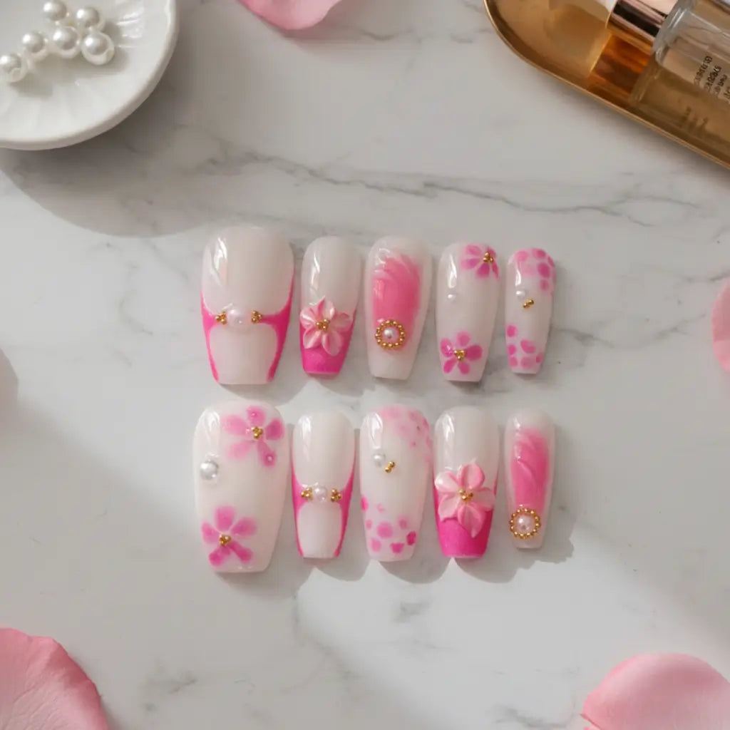Faux ongles Candy Blossom - Set complet de press-on nails rose et blanc avec fleurs de cerisier 3D et strass dorés.