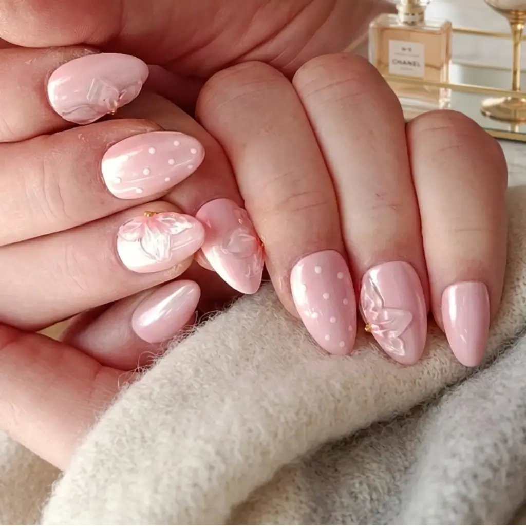 Faux ongles Douceur d'Ange portés - manucure rose nude avec fleurs en relief et pois - press-ons courte longueur amande faits en France.