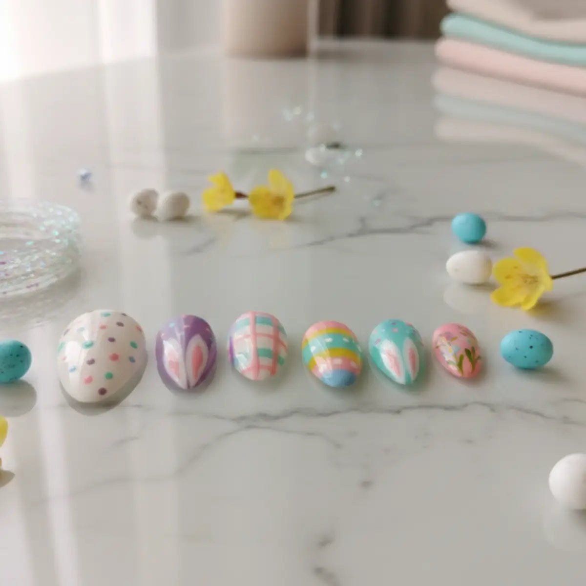 Press-on nails Egg Hunt œufs de Pâques - Faux ongles pastels avec oreilles de lapin et motifs printaniers, édition Pâques NailStylefr