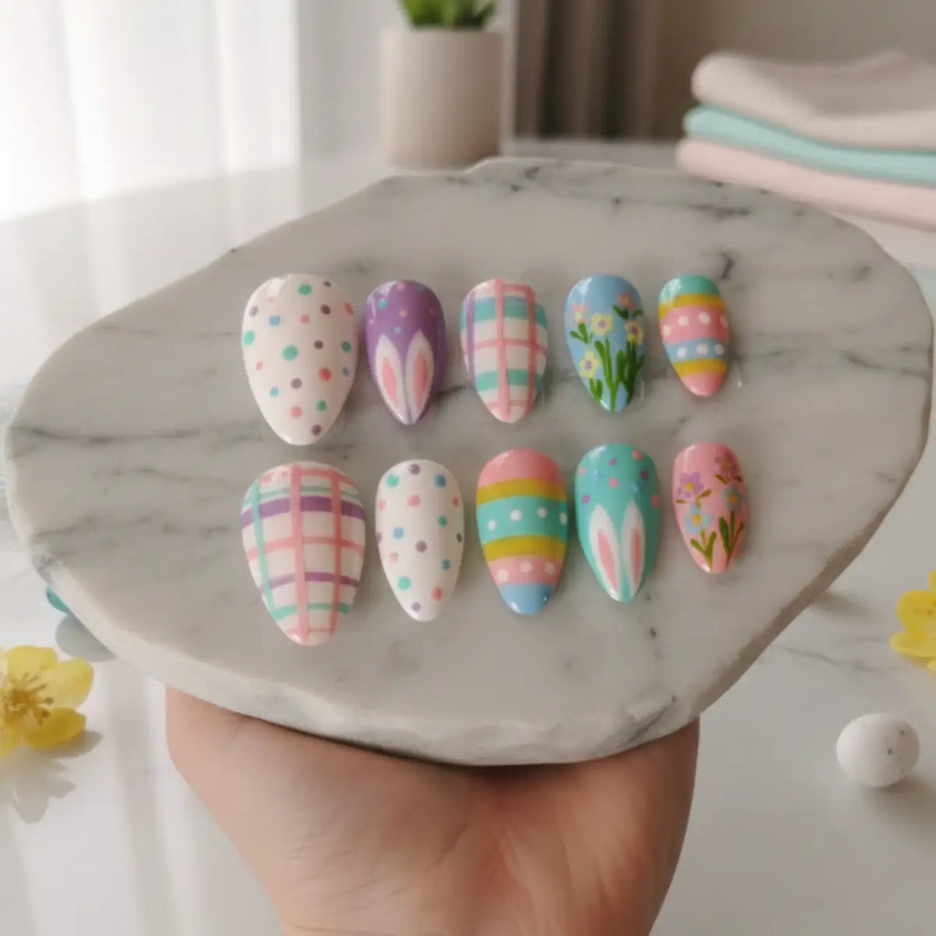 Press-on nails Egg Hunt couleurs pastels - Faux ongles amande multicolores avec motifs pois, carreaux, lapin et fleurs, faits main en France