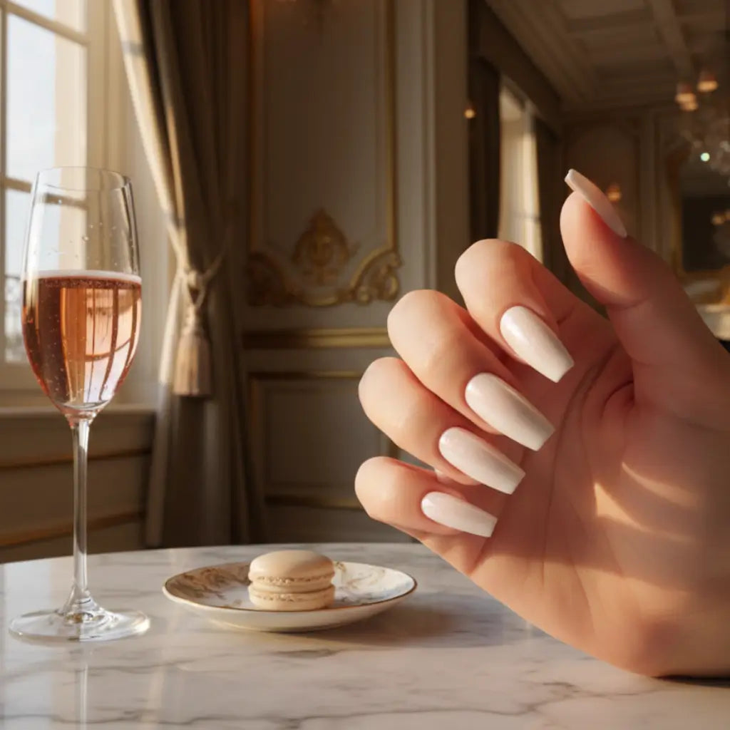 Press-on nails Perle de Lune blanc nacré forme coffin - moment élégant avec champagne rosé et macarons.