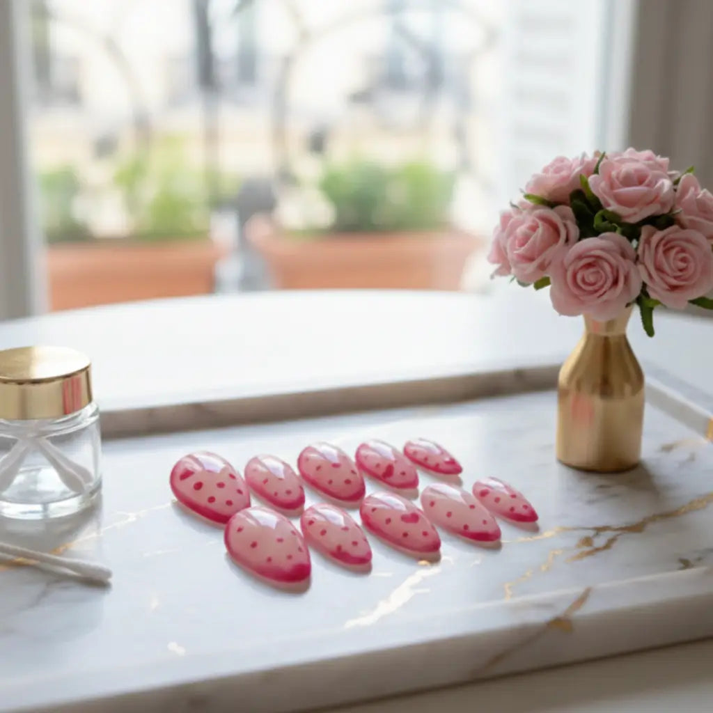 Faux ongles réutilisables rose à cœurs disposés sur plateau blanc avec bouquet de roses roses