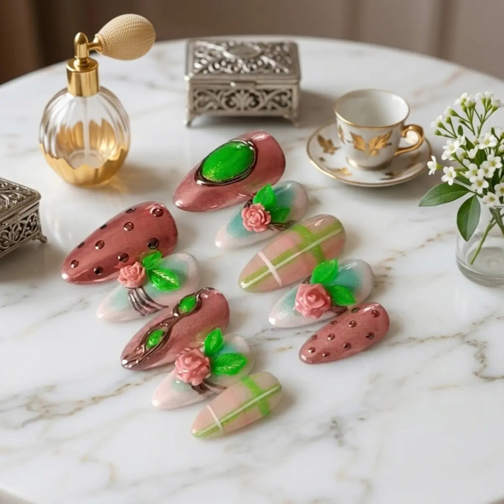 Set press-on nails Jardin d'Antan à plat - 10 ongles forme amande avec roses 3D, pierre verte et motifs carreaux