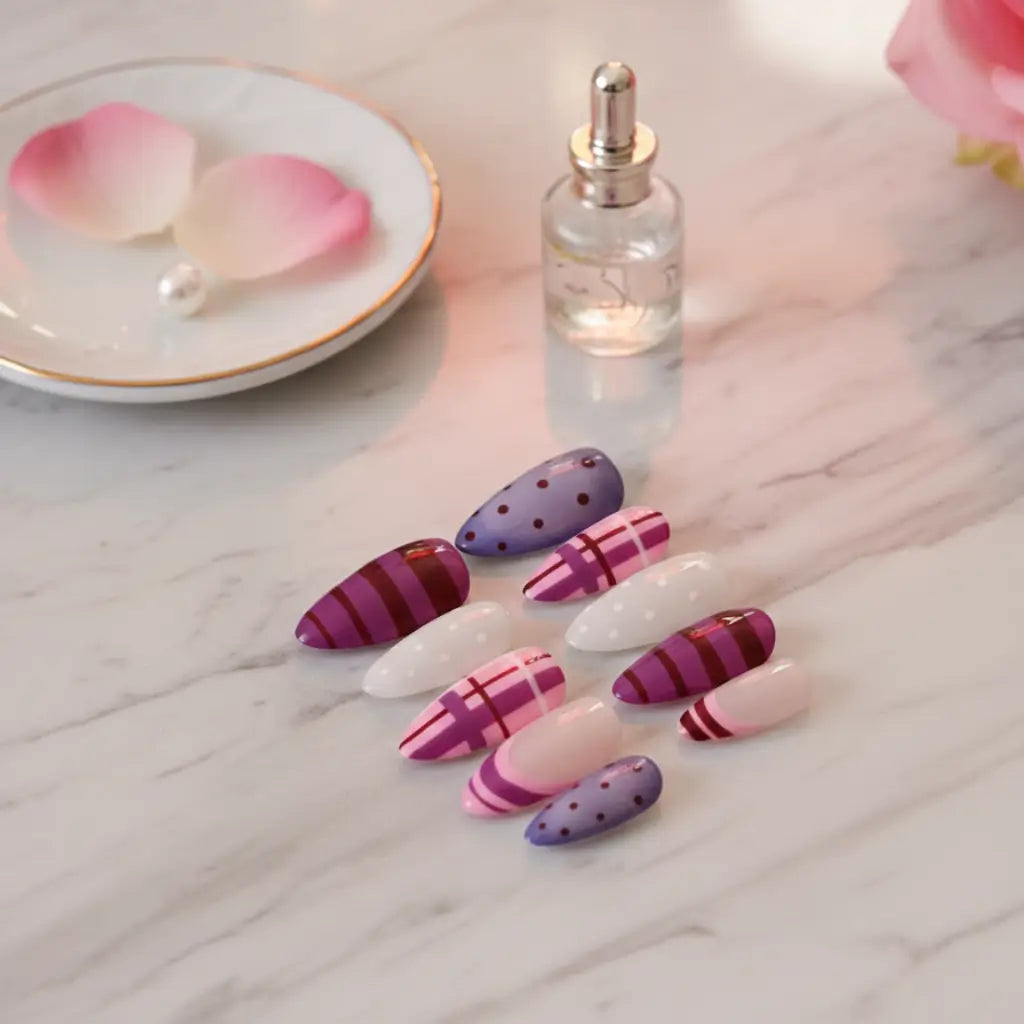 Set complet de 10 faux ongles Plum Chic forme amande - motifs polka dots, carreaux et rayures prune