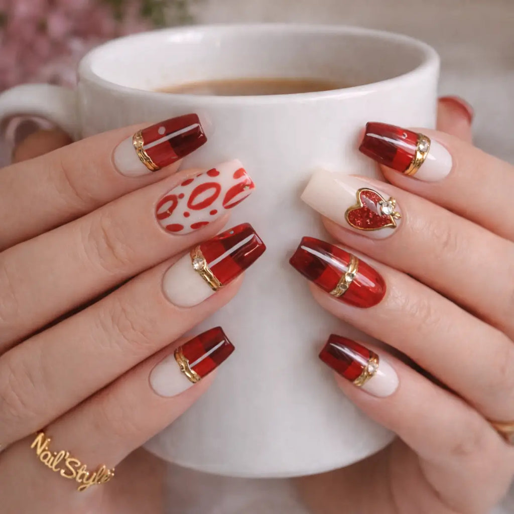 Vue des faux ongles de forme coffin sur mains. Livraison partout en France.