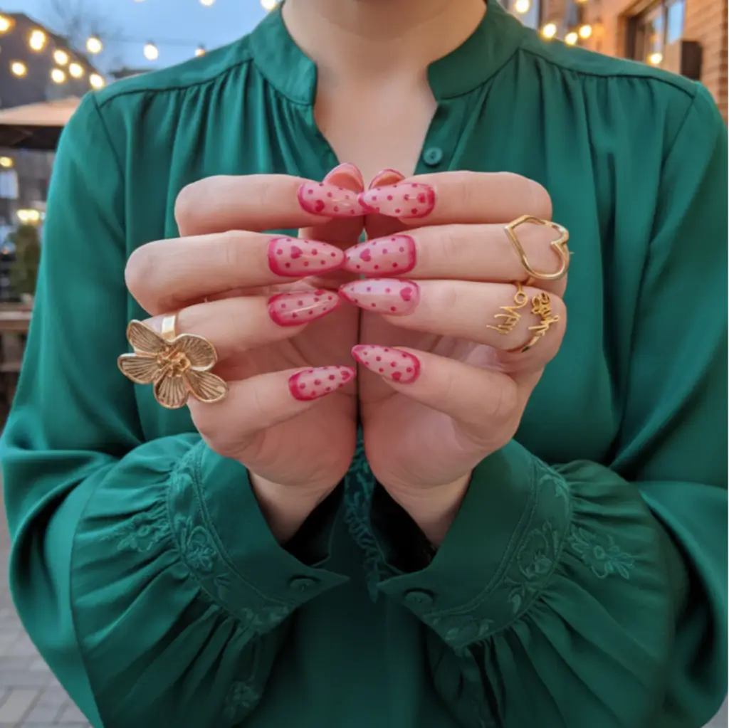 Faux ongles réutilisables rose jelly avec cœurs et pois portés sur mains avec bagues dorées - Nailstylefr